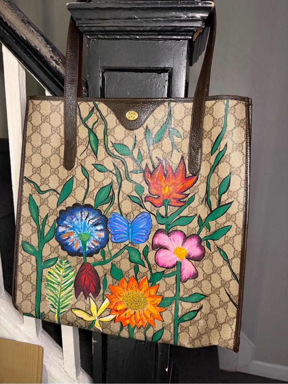 Gucci Beige GG Supreme Tote with Multicolor Floral Painting